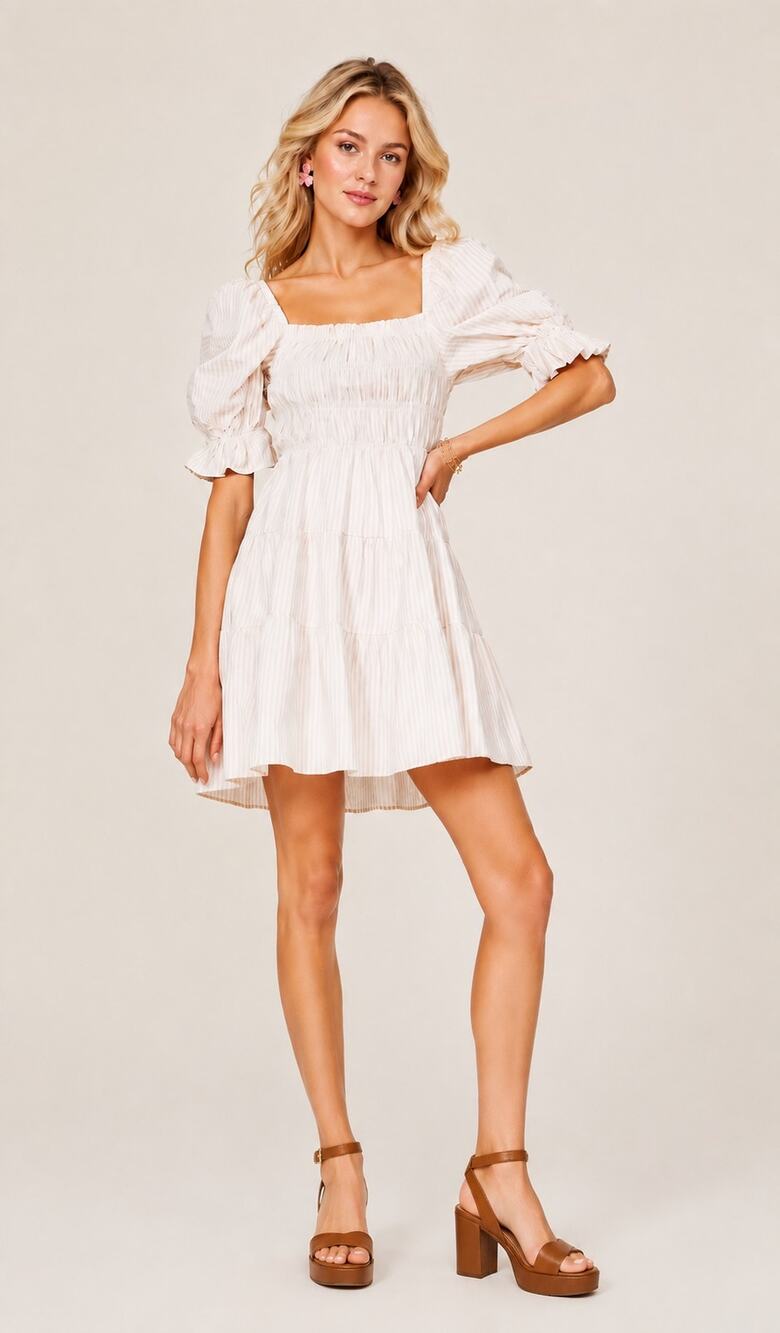 MINKPINK Lune Smocked Stripe Mini Dress Puff Sleeve Beige White Size Small